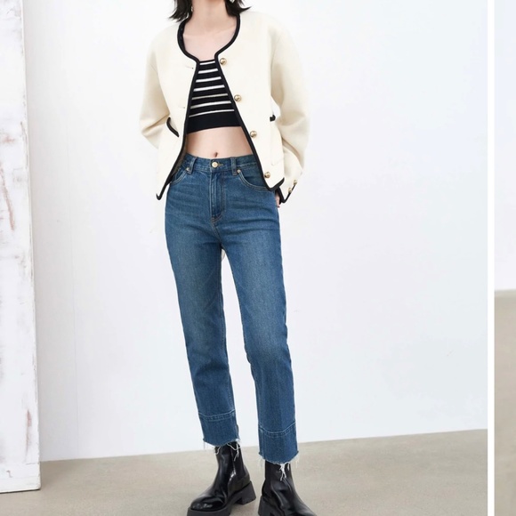 Mo&Co Contrast Single-breasted Collarless Coat - Picture 1 of 5